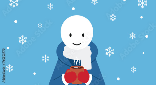 Cheerful winter character enjoying hot cocoa on a snowy day, perfect for holiday greetings or seasonal promotions that bring warmth and happiness