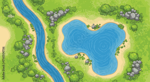 Tranquil river flowing into peaceful lake surrounded by lush greenery and rocks, perfect for game design or serene nature scenes, calm and inviting aesthetic