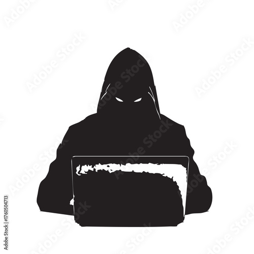 Hacker Silhouette Vector — Black and White Illustration of Hooded Figure with Laptop Representing Cybersecurity and Digital Anonymity