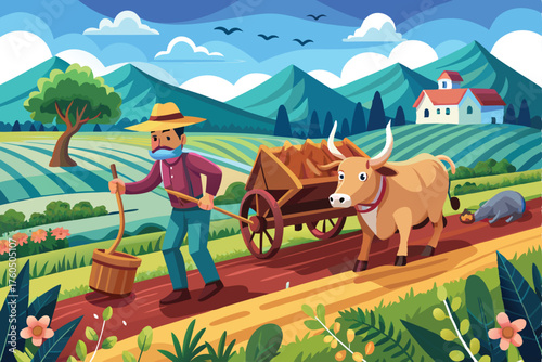 Farmer Plowing Field with Oxen – Rural Agriculture and Countryside Landscape Illustration