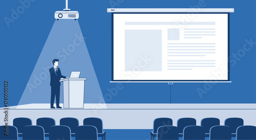 Professional speaker presenting on stage with laptop, spotlight, and audience seating in a modern conference for business meetings and corporate events