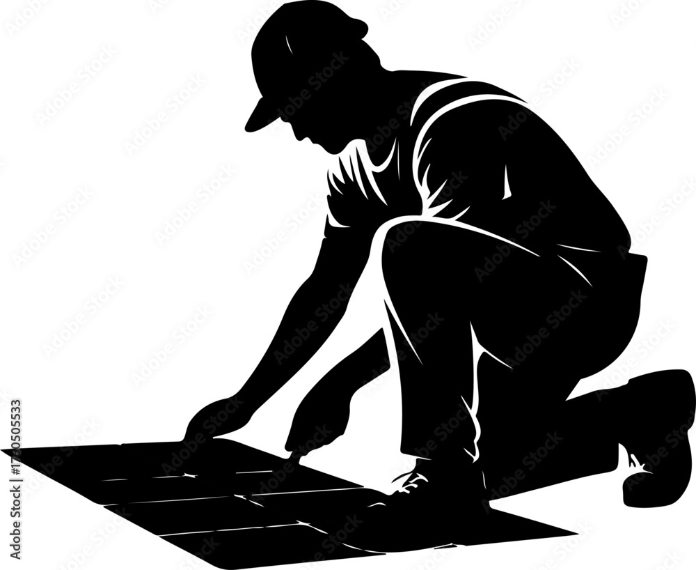 Fototapeta premium tiler laying tiles on the floor silhouette Vector illustration