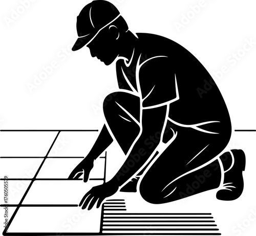tiler laying tiles on the floor silhouette Vector illustration