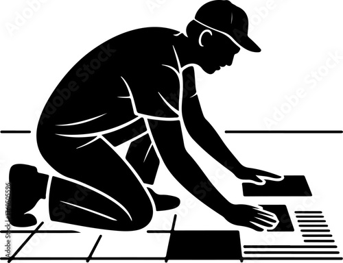 tiler laying tiles on the floor silhouette Vector illustration