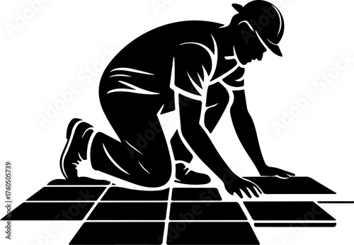 tiler laying tiles on the floor silhouette Vector illustration