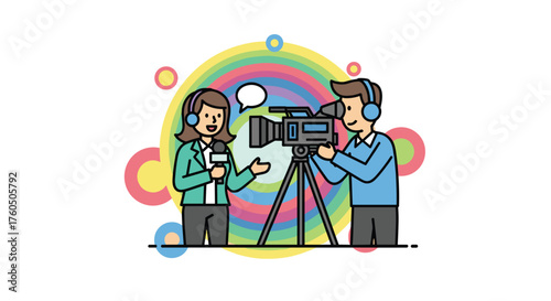 Energetic news reporter interviewing with professional cameraman for vibrant broadcast, perfect for media, journalism, and current events campaigns