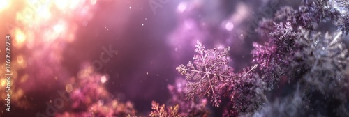 Frozen snowflakes sparkle with colorful hues in soft light, creating a magical atmosphere on a snowy evening in winters embrace.