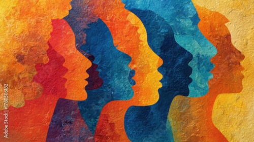 A painting of several people with different colored faces. The painting is a representation of diversity and unity