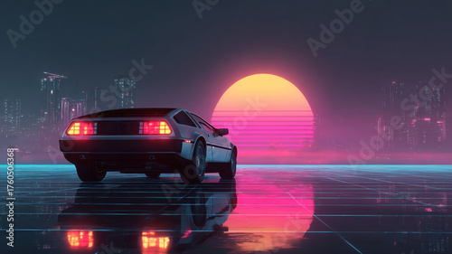 Retro Sports Car Driving On Neon Grid Road With Iconic Pink Sunset Synthwave Aesthetic Scene