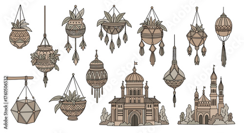 Bohemian macrame hanging planters and architectural designs.