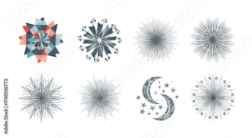 A collection of eight distinct decorative circular ornaments including geometric shapes celestial bodies and radiant starburst patterns creating a visually diverse set of graphic elements.