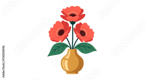 A beautiful illustration of three vibrant red flowers in a golden vase with green leaves.