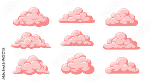 Collection of nine fluffy pink cartoon clouds in different shapes floating in the sky.