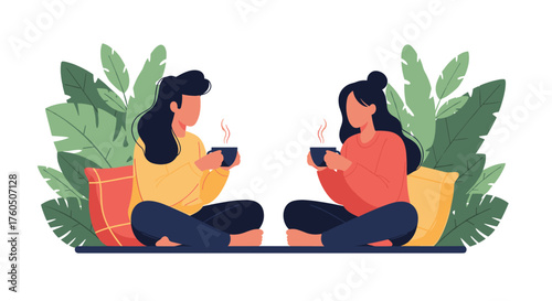 Two friends enjoying a warm beverage together amidst lush green foliage and comfortable cushions.
