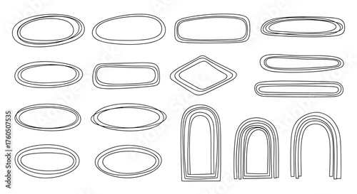 Collection of abstract oval and arched metallic frame shapes with subtle shading effects.