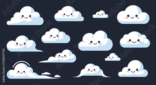 Collection of adorable fluffy cartoon clouds with happy faces on a dark background.