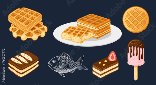 A delightful assortment of sweet treats including waffles cake and ice cream