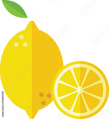 Fresh Lemon with Leaf and Slice – Flat Vector Illustration Isolated on White