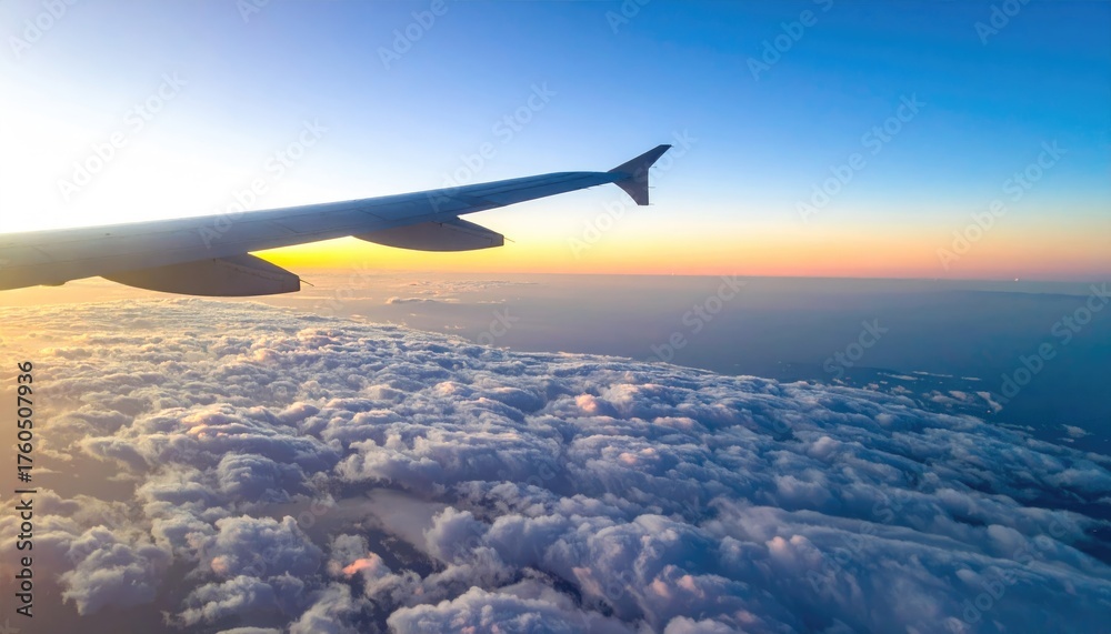 Fototapeta premium Airplane Wing Above Clouds at Sunrise