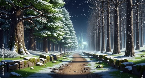 Snowy pathway winding through tall trees in winter forest at night. Seasonal landscape concept
Seamless looping, virtual video animation background. Generated AI	