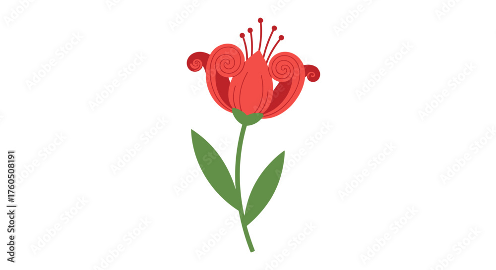 Obraz premium A delicate red flower with swirling petals and a long green stem.