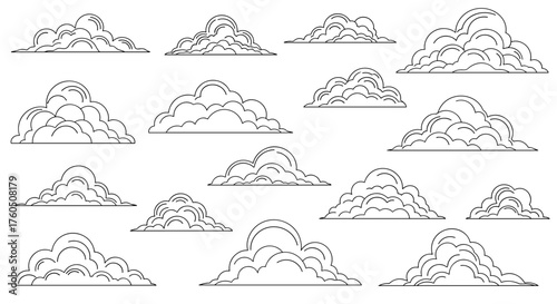 A collection of varied cartoon styled clouds drawn in black outline against a white background.