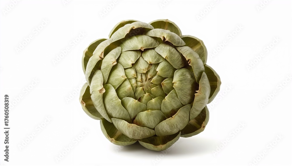 Fototapeta premium Isolated artichoke with detailed texture and natural green tones on a pure white background. Ideal for food photography, organic market visuals, and healthy ingredient concepts.