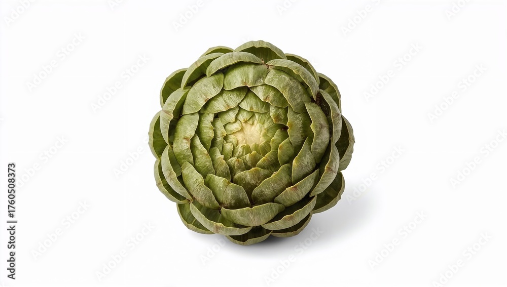 Obraz premium Isolated artichoke with detailed texture and natural green tones on a pure white background. Ideal for food photography, organic market visuals, and healthy ingredient concepts.