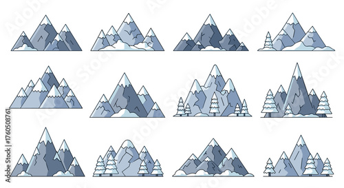 Collection of stylized pixel art snow covered mountain ranges and evergreen trees