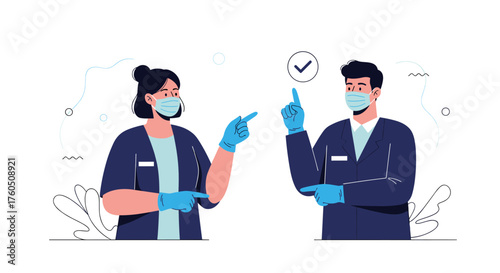 Two medical professionals wearing masks and gloves gesturing to each other.