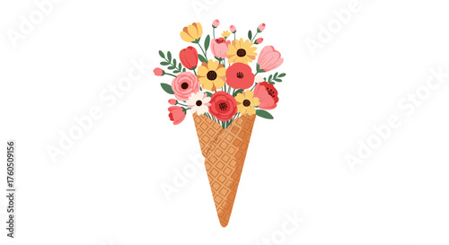 A delightful bouquet of colorful flowers arranged in a waffle cone, offering a whimsical blend of nature's beauty and sweet indulgence.