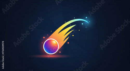 A vibrant comet with a glowing tail streaks across a dark blue space background, symbolizing speed, energy, and cosmic wonder