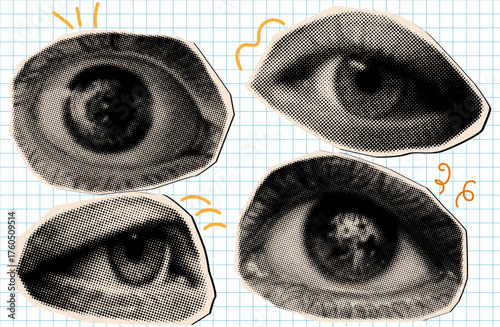 Set of different emotion of eyes, black and white vector illustration portraying a human eye with a halftone dotted effect