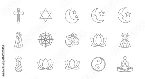 Collection of outline symbols representing various religions and spiritual beliefs