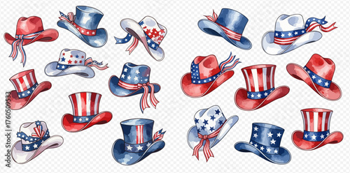 A collection of watercolor illustrations featuring various patriotic American hats, including top hats and cowboy hats, adorned with stars and stripes in red, white, and blue.