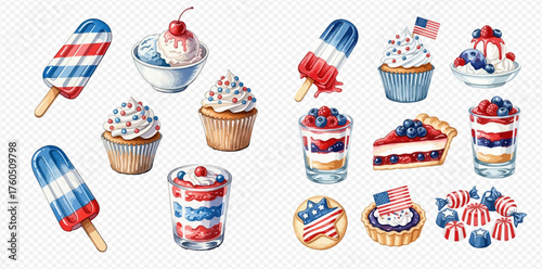 A collection of patriotic American-themed desserts and treats in red, white, and blue colors, perfect for Fourth of July celebrations.