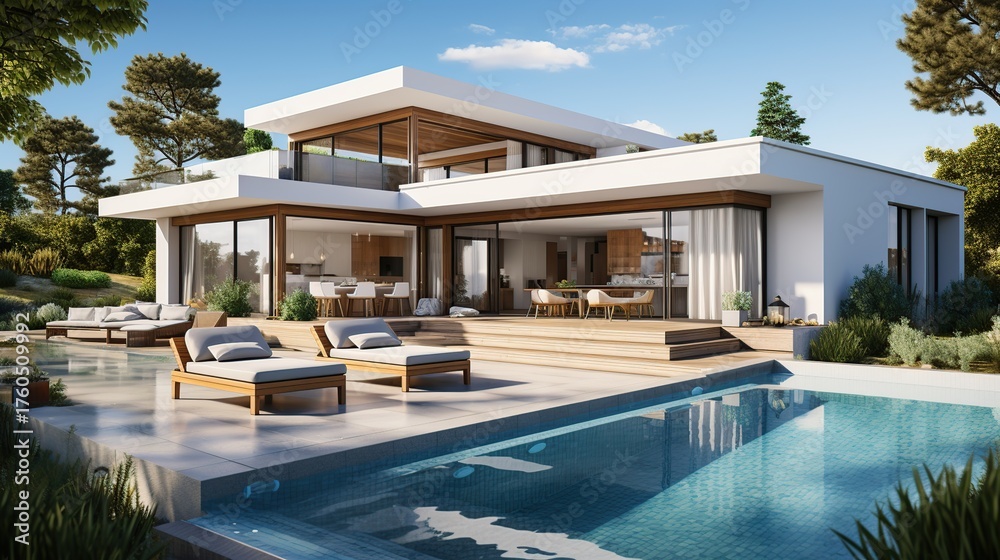 Fototapeta premium A luxurious modern villa with an infinity pool and ample seating in a sun-drenched landscape.