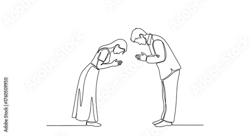 Continuous line drawing illustration of a bowing couple conveying respect and appreciation within