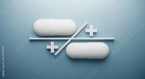 Pills and plus signs forming a fraction concept of medication dosage, balance, and pharmaceutical calculation