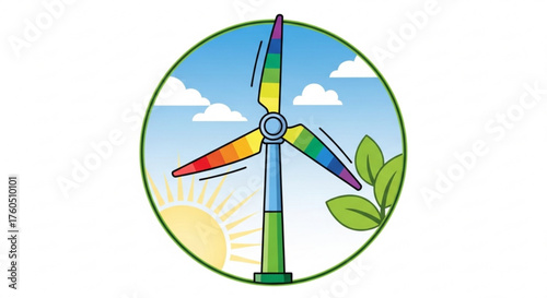 Wind turbine with rainbow colored blades, a symbol of renewable energy and environmental awareness initiative