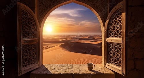 Vast desert landscape viewed through ancient stone castle window. Historical travel concept
Seamless looping, virtual video animation background. Generated AI	