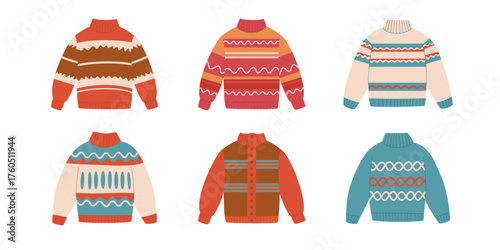 Vector set of cozy winter sweaters collection, warm knitted pullover illustration. Isolated on white background.