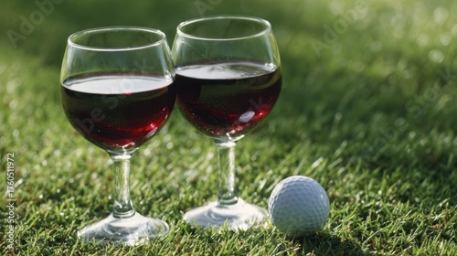 Two wine glasses with red wine on a green field. A golf ball is next to the glasses