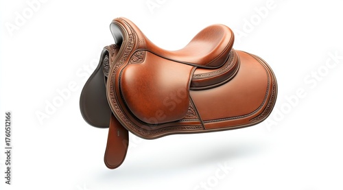 Detailed shot of a brown leather horse saddle