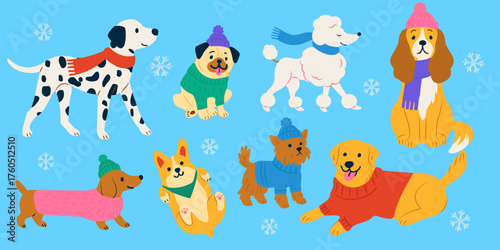 Set of cute winter dogs wearing sweaters, scarves, and hats — flat vector illustration of cozy pets in cold weather