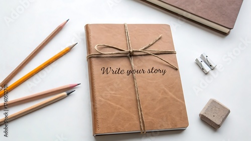 Overhead photo of a leather journal tied with string
