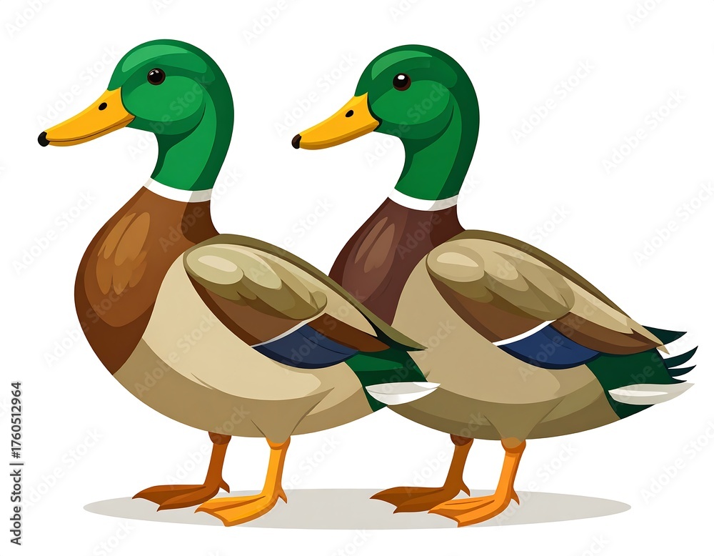 Obraz premium Cartoon illustration featuring two male ducks, shown in profile, with green heads, brown chests, and tan bodies, rendered in a simple, vibrant style