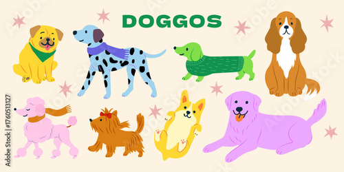 Collection of playful and colorful dog breeds — flat vector illustration of cute pets in various poses with fun text design