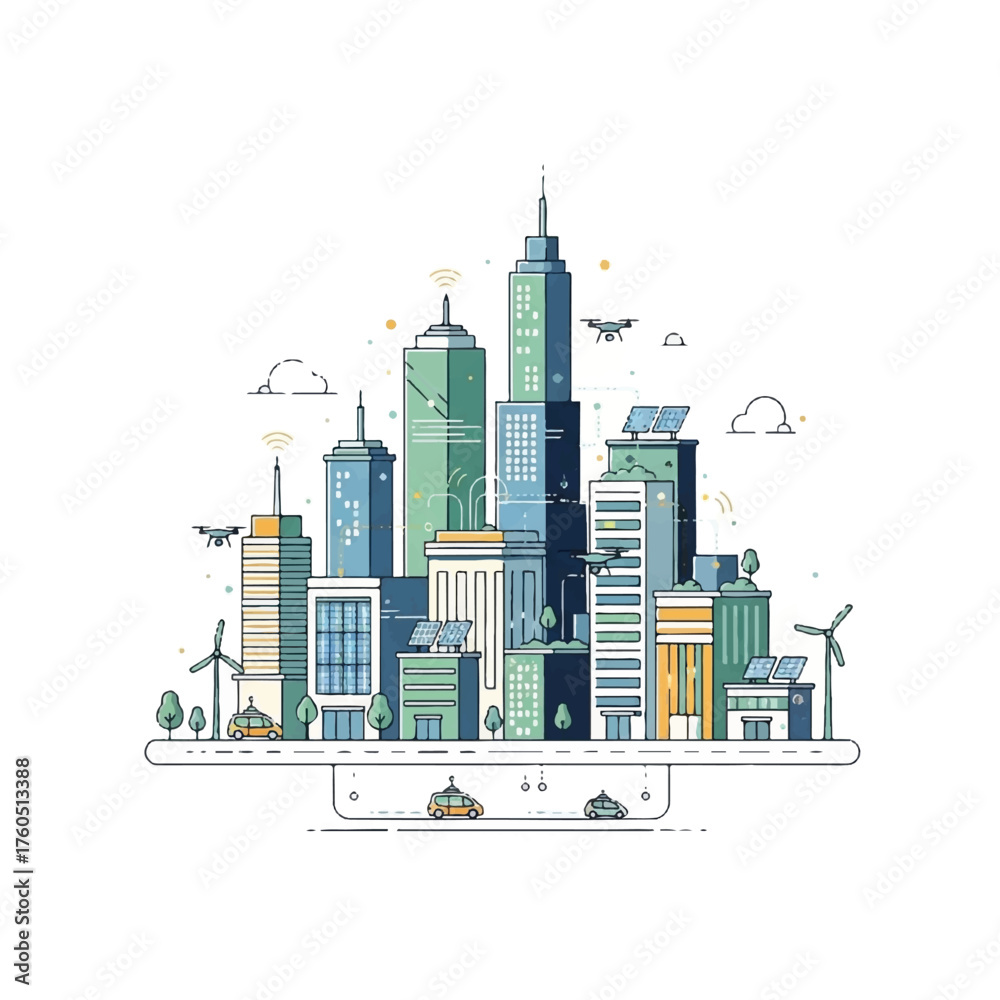 Obraz premium Cityscape of Future: Futuristic metropolis with sleek, modern skyscrapers powered by renewable energy, symbolizing sustainable urban development and technological advancement.