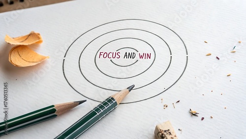 Pencil drawing of a target with the words Focus and Win